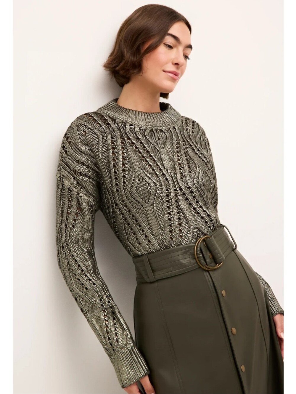 🆕 Marie Oliver Maxine Metallic Cable Diamond Knit Crewneck Sweater, Size L